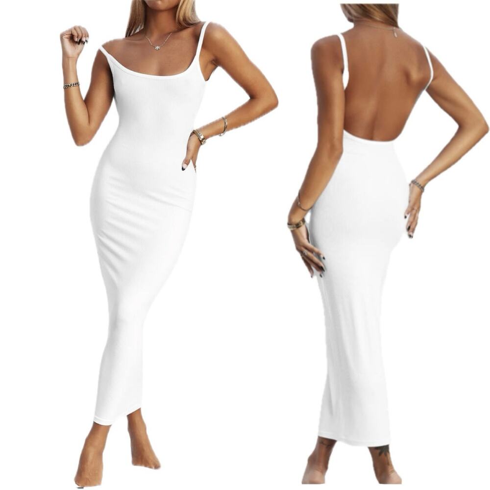 All Things Golden White Luxe Rib Low Back Midi Dress NWT Size Large